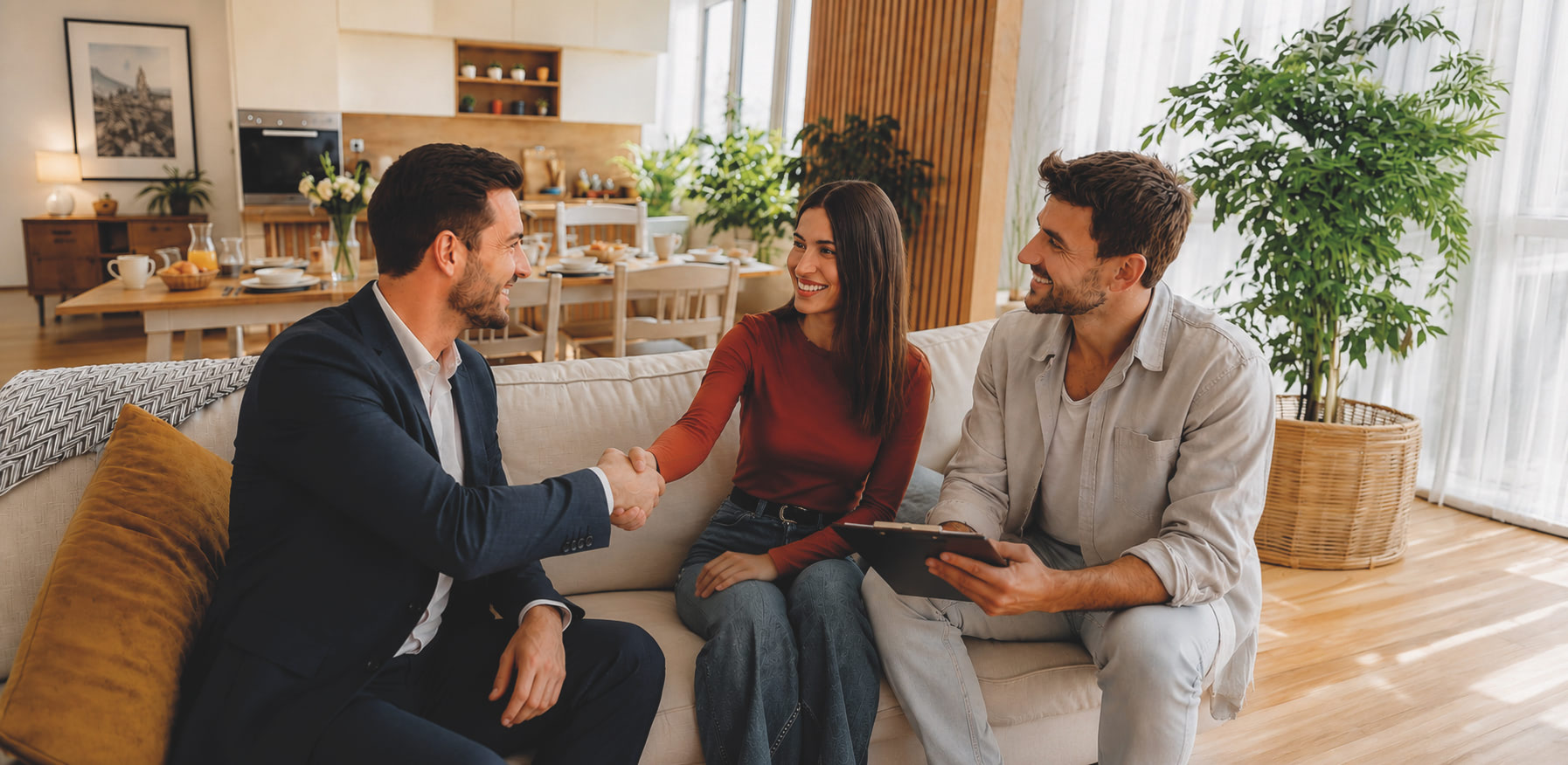 Un locataire, une locataire et un propriétaire se serrent la main dans un salon